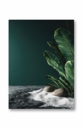 Tropical greenery on a dark teal background