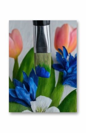 Close Up of Paintbrush Applying Blue Paint to Canvas Flower Painting