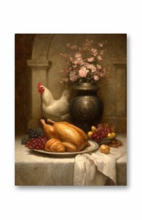 Roasted Turkey Still Life With Flowers And Chicken