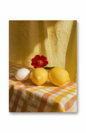 Still life with lemons, egg and red flower on checkered tablecloth and yellow background. AI-generated.