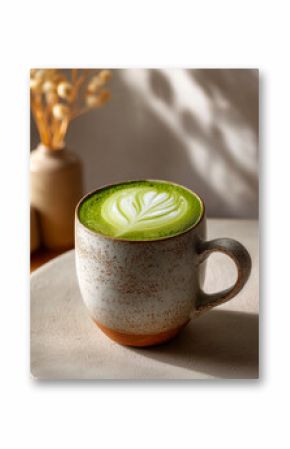 cup of green tea matcha latte on white table in sunlight