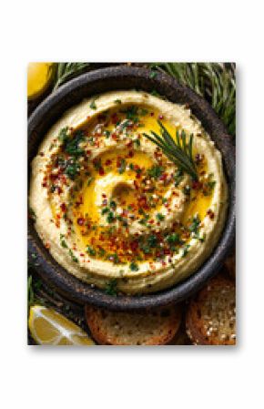Close up of a bowl of hummus with lemon and toasted bread slices
