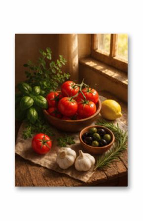 A rustic still life featuring fresh tomatoes, herbs, garlic, olives and a lemon. The scene is set near a window for soft, natural light.