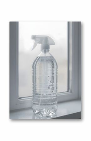 "Transparent spray bottle filled with water on a window sill, condensation on the bottle, natural lighting"  