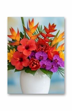 Vibrant Tropical Flower Arrangement in White Vase Orange Red Purple Flowers