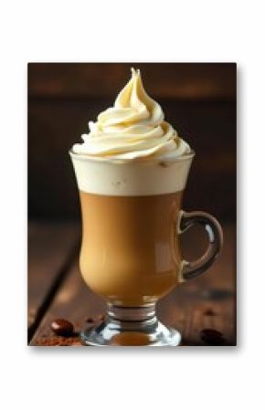 Creamy vanilla ice cream melting into rich espresso, rustic wood background, brown, tasty, chocolate