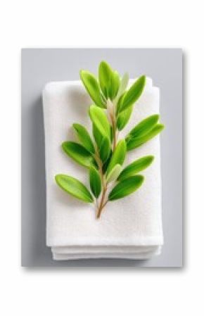 White Towel with Green Leaves on Grey Background