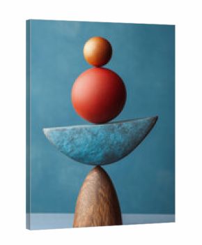 Abstract balancing geometric sculpture with wooden and stone shapes