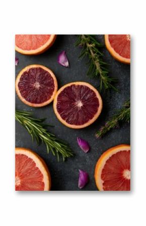Blood oranges rosemary and floral petals
