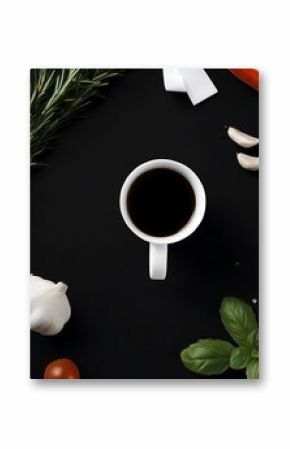 Coffee break surrounded by cooking ingredients