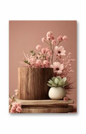 Still life arrangement with pink flowers wood pedestal and succulent in a neutral setting