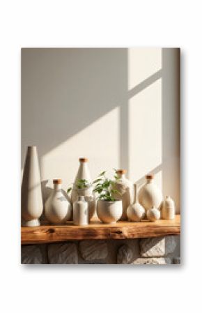 Elegant beige vases grace a rustic wooden shelf with lush greenery adding life in a sun drenched room under streaming