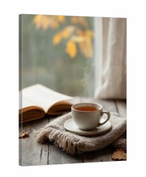A Cup of Tea on the Windowsill with a Book – Cozy Autumn Atmosphere with Warm Light, Raindrops on Glass, Fall Leaves Outside, Relaxing Moment for Slow Living, Reading, and Seasonal Comfort  