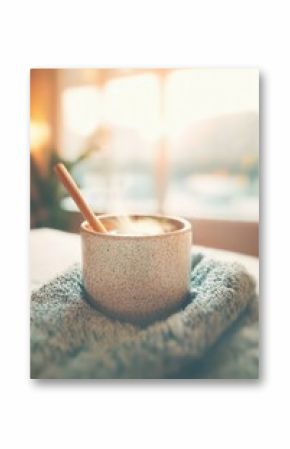 A steaming cup in a speckled ceramic mug rests on a cozy blanket with morning light softly illuminating the scene.