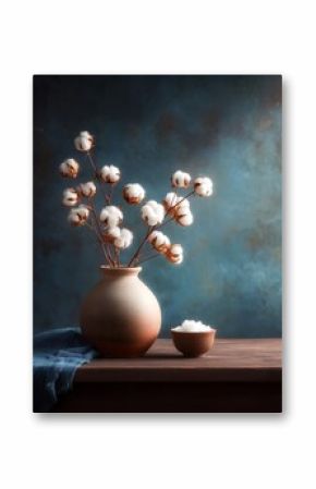 Detailed close-up of dried cotton arranged in a ceramic vase against a dark moody background with soft shadows.