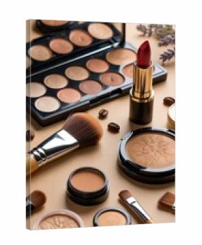Elegant Makeup Still Life Featuring Eyeshadow Palette Lipstick and Coffee Beans for Beauty Bloggers and Cosmetics Industry