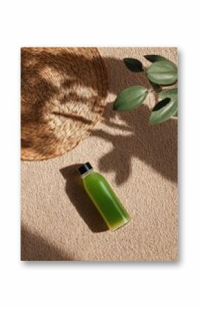 Green bottle on beige carpet with straw hat shadow