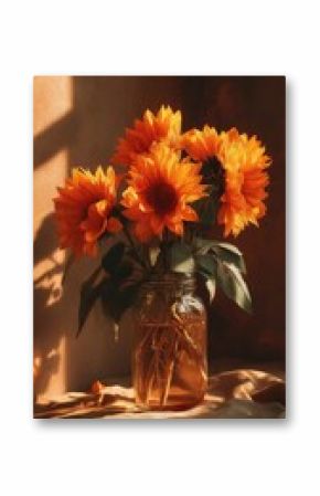 Warm-toned still life of vibrant sunflowers in a glass jar with dappled sunlight