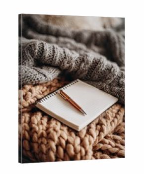 Cozy autumn notepad pen on knit blankets