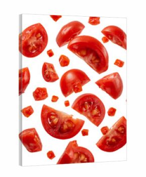 Floating tomato slices and cubes dancing in zero gravity, a fresh culinary presentation with an