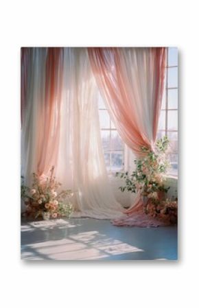 Elegant blush pink & cream curtains, floral arrangements. Perfect for wedding, event, and romantic designs. Ideal for website banners, social media, and print.