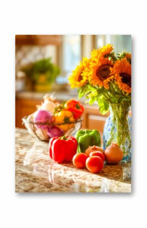 Vibrant home kitchen display with fresh vegetables and sunflowers in a decorative vase