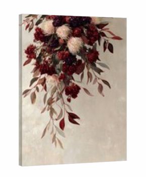 A bouquet of dried flowers in shades of burgundy and blush.