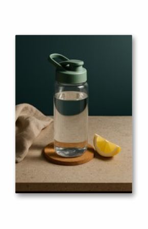 A refreshing water bottle and lemon on a coaster, promoting hydration and healthy choices