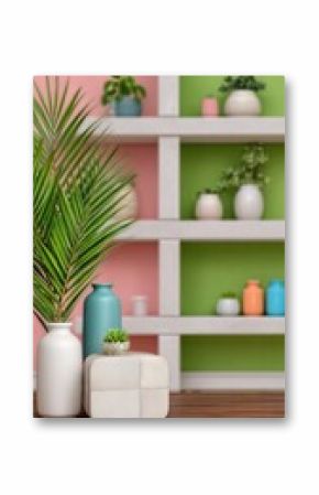 Pastel Home Decor with Green and Pink Walls Featuring Potted Plants and Vases
