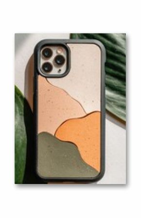 A phone case showing layered abstract shapes of cream, orange, and green, laid on white surface with green leaves
