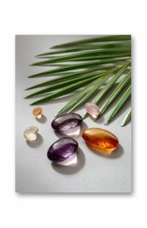 Smooth, colorful stones nestled beside a palm leaf