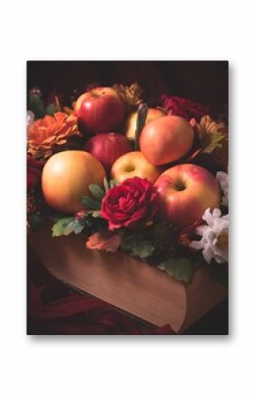 Apples and flowers in a box