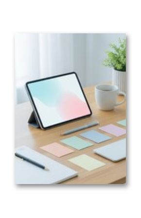 Modern Workspace with Tablet Stationery and Coffee