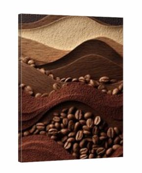 Abstract coffee landscape, layered textures of coffee beans, powder and wood-like materials