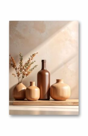 Still life of wooden and glass vessels