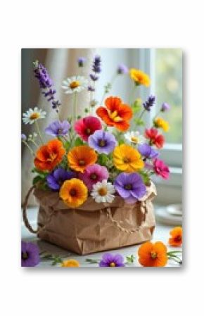 Colorful Wildflower Bouquet in Paper Bag Still Life Window Light