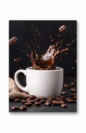 Dramatic coffee splash in a white cup with beans.