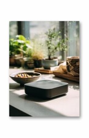 A dark gray square device sits on a sun-drenched windowsill, amidst potted plants and a bowl of food