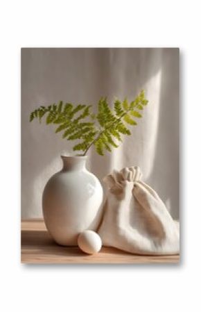 Simple white vase with green fern in it.
