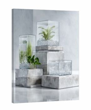 Clear glass cube terrariums on gray stone pedestals