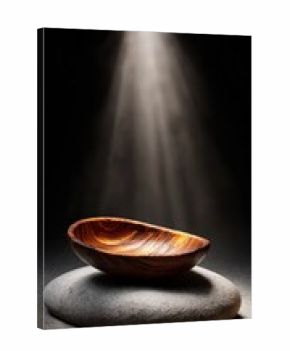 Empty Wooden Bowl On Stone In Spotlight