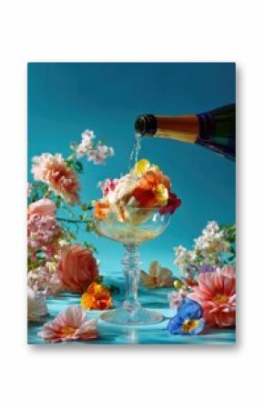 Champagne poured over ice cream in a floral-adorned flute