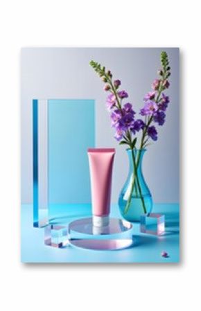 Beauty product presentation with pink cream tube and flowers on blue background for skincare ad