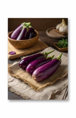 Fresh Purple Eggplants on a Rustic Background