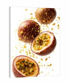 Passion fruit halves and whole fruit in mid-air, surrounded by crumbles