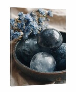 Dark blue spheres in a rustic bowl, with dried flowers