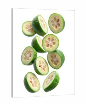 Slices of feijoa fruit floating in mid air with bright white background