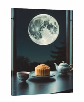 Mid-Autumn Festival Still Life: Mooncake, Tea, and Full Moon