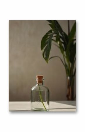 Glass bottle with plant cutting and blurred plant in background