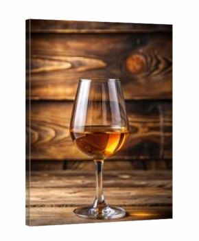 Still life of amber sweet wine or Italian passito in a glass isolated on a wooden background